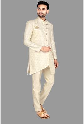 Mens pattern stitched semi indo solid stitched with churidar  indo-western-dresses 4