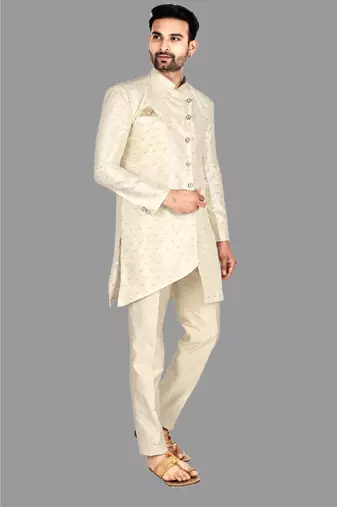 Mens pattern stitched semi indo solid stitched with churidar  indo-western-dresses