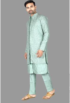 Mens front open semi indo with pattern stitched kurta and churidar    indo-western-dresses 3