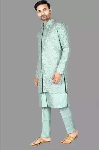 Mens front open semi indo with pattern stitched kurta and churidar    indo-western-dresses