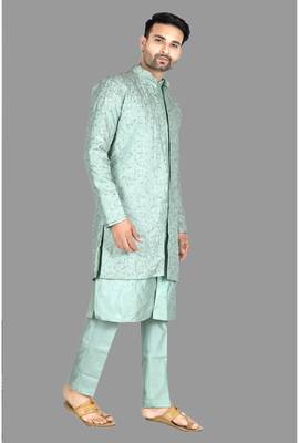 Mens front open semi indo with pattern stitched kurta and churidar    indo-western-dresses 4