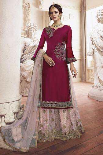 Maroon rangoli georgette semi stitched wedding sharara suit