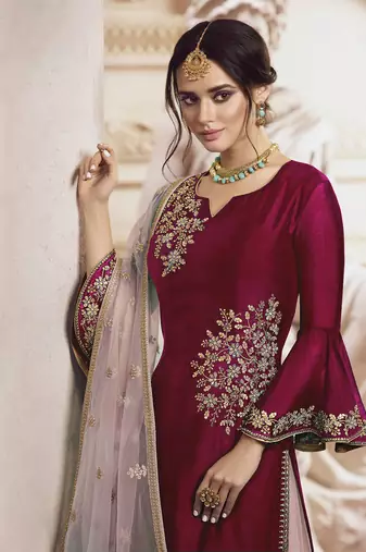 Maroon rangoli georgette semi stitched wedding sharara suit