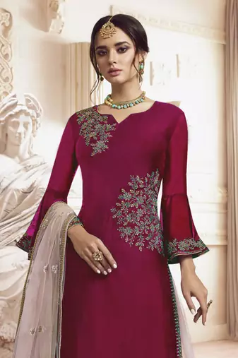 Maroon rangoli georgette semi stitched wedding sharara suit