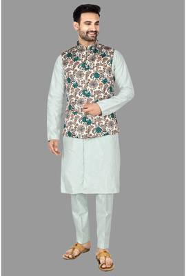 Mens solid stitched kurta with churidar kurta-jacket-set 4