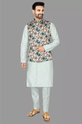 Mens solid stitched kurta with churidar kurta-jacket-set