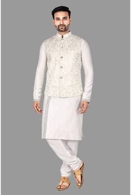 Mens solid stitched kurta with churidar kurta-jacket-set 4