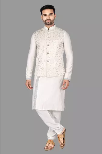 Mens solid stitched kurta with churidar kurta-jacket-set
