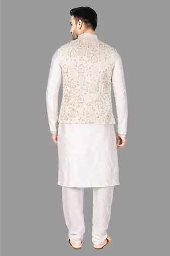 Mens solid stitched kurta with churidar kurta-jacket-set