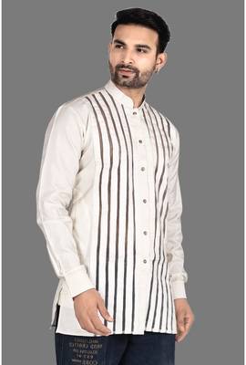 Mens designer wear pattern stitched open kurta with attached jacket without button men-kurtas 4