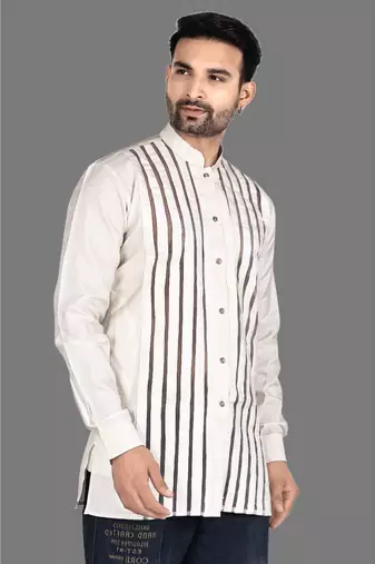 Mens designer wear pattern stitched open kurta with attached jacket without button men-kurtas