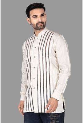 Mens designer wear pattern stitched open kurta with attached jacket without button men-kurtas 5