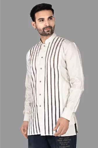 Mens designer wear pattern stitched open kurta with attached jacket without button men-kurtas
