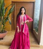 Pink Thread Work Lehenga Choli with Shrug Set