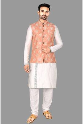 Mens solid stitched kurta with churidar kurta-jacket-set 1