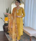 Orange Embroidered Viscose Chanderi Straight Kurta, Pant and Dupatta Set