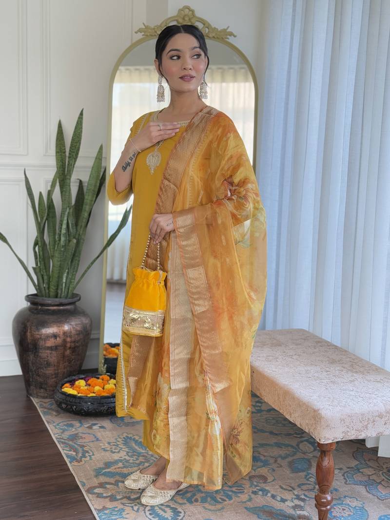 Orange Embroidered Viscose Chanderi Fabric Straight Kurta, Pant and Dupatta Set