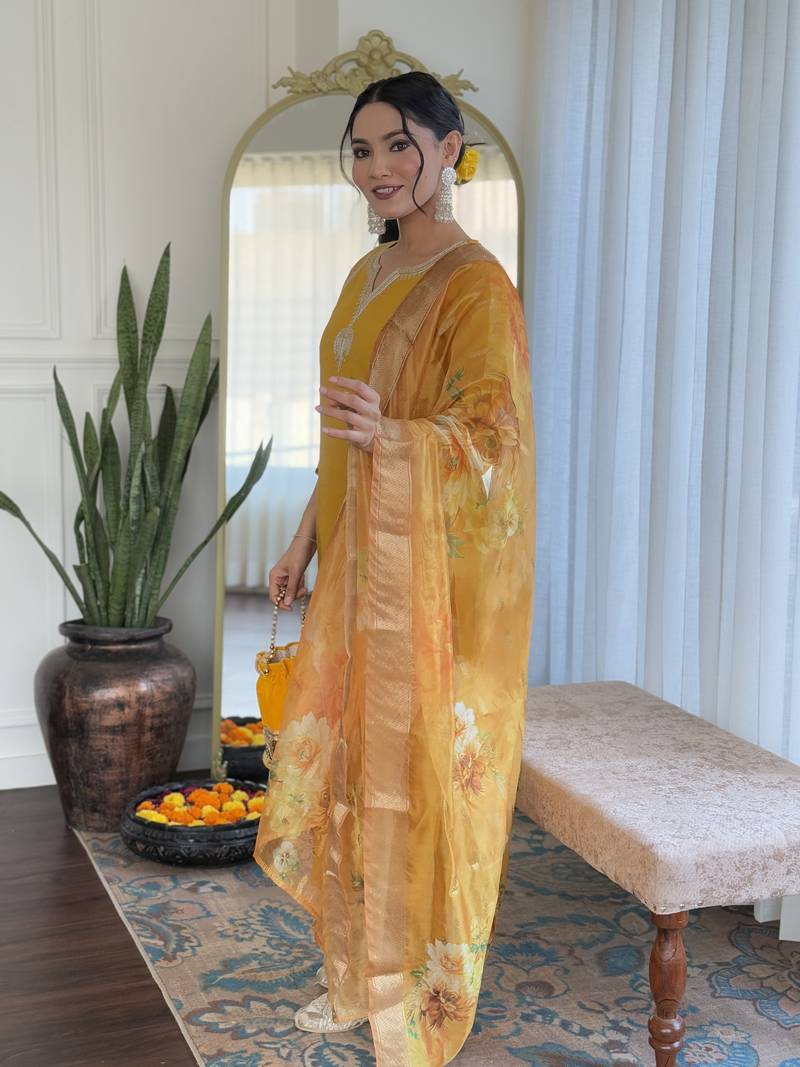 Orange Embroidered Viscose Chanderi Fabric Straight Kurta, Pant and Dupatta Set