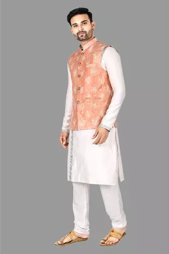 Mens solid stitched kurta with churidar kurta-jacket-set