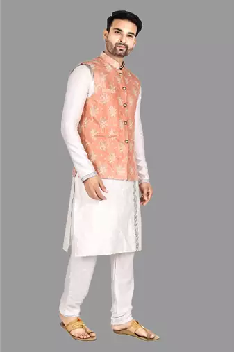 Mens solid stitched kurta with churidar kurta-jacket-set