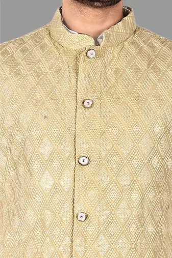 Mens solid stitched kurta with churidar kurta-jacket-set