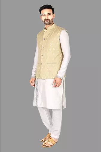 Mens solid stitched kurta with churidar kurta-jacket-set