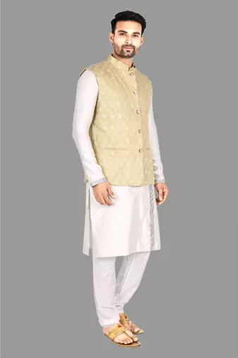 Mens solid stitched kurta with churidar kurta-jacket-set