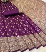 Purple banarasi silk blend woven saree with unstitched blouse piece