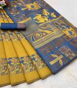 Yellow banarasi silk blend woven saree with unstitched blouse piece