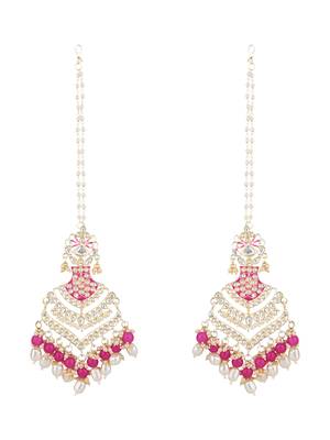 Ethnic gold plated kundan meenakari pearl hanging with ear chain earrings for women  4