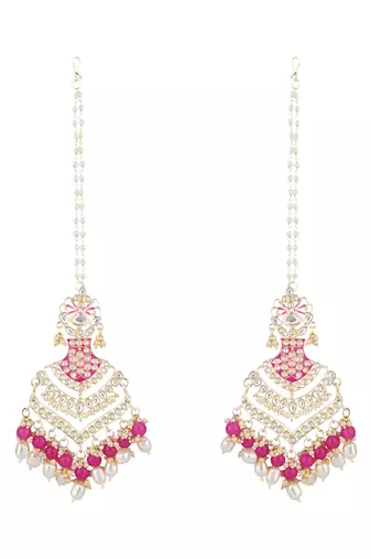 Ethnic gold plated kundan meenakari pearl hanging with ear chain earrings for women 