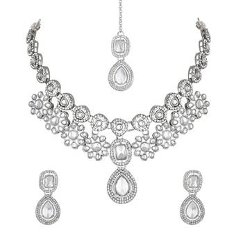 silver plated traditional kundan stone choker necklace jewellery set 6