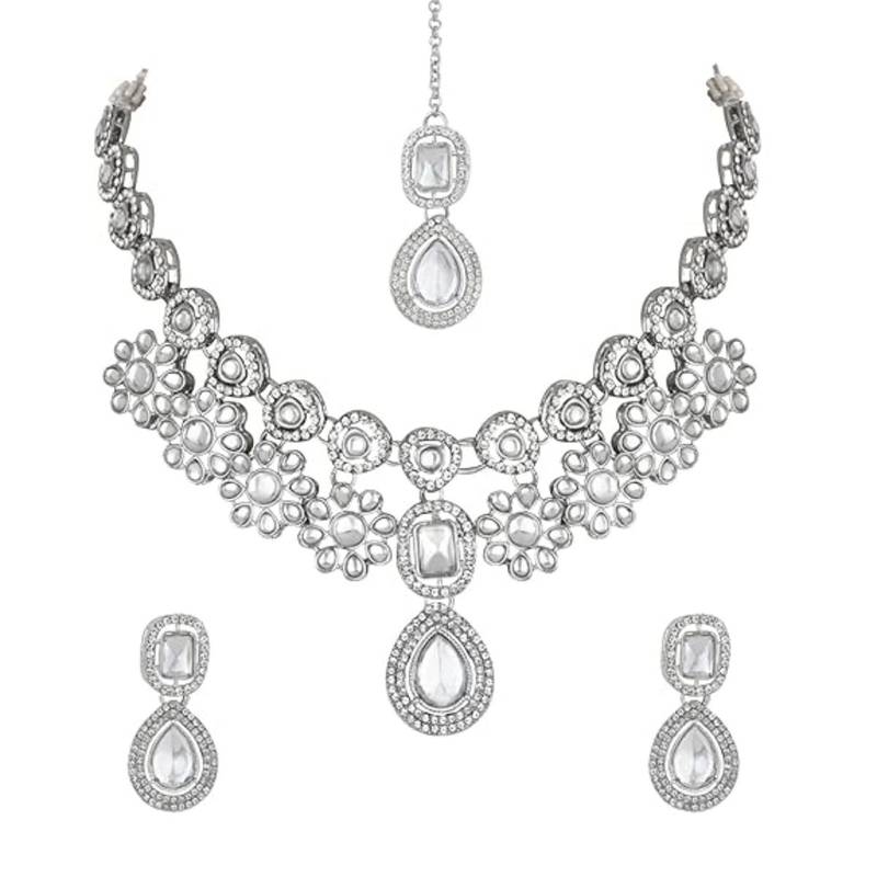 silver plated traditional kundan stone choker necklace jewellery set