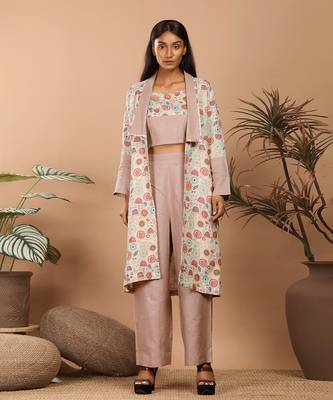 Brown abstract print linen jacket set 1