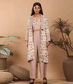 Brown abstract print linen jacket set