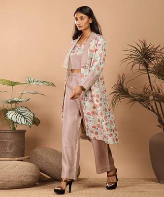 Brown abstract print linen jacket set 2