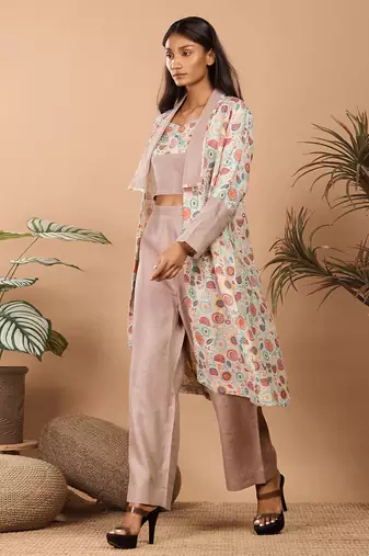 Brown abstract print linen jacket set