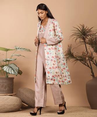 Brown abstract print linen jacket set 3