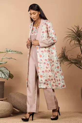Brown abstract print linen jacket set