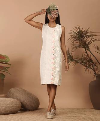 Beige hand embroidered scallop shift dress 2