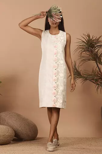 Beige hand embroidered scallop shift dress
