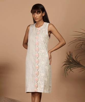 Beige hand embroidered scallop shift dress 3