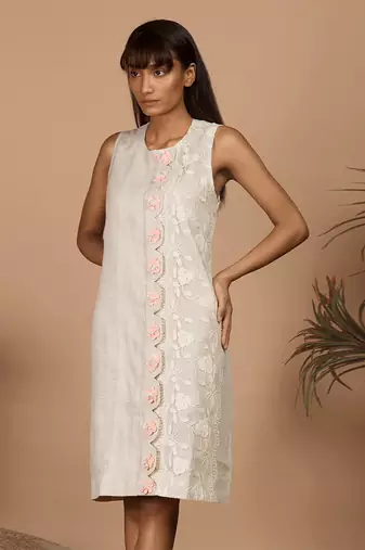 Beige hand embroidered scallop shift dress