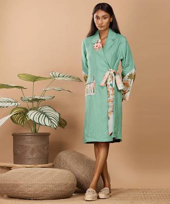 Sea green hand embroidery clover green trench coats 1