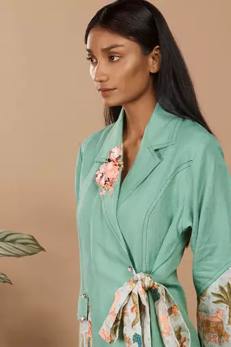 Sea green hand embroidery clover green trench coats