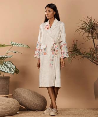 Beige abstract print hand embroidery trench coat 1