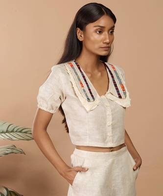 Beige textured stripes peterpan coord set 3