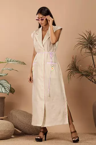 Beige blazer dress with cute patch detailings