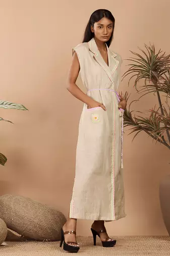 Beige blazer dress with cute patch detailings
