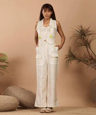 Beige street style linen coord set with bell bottom style pants 1